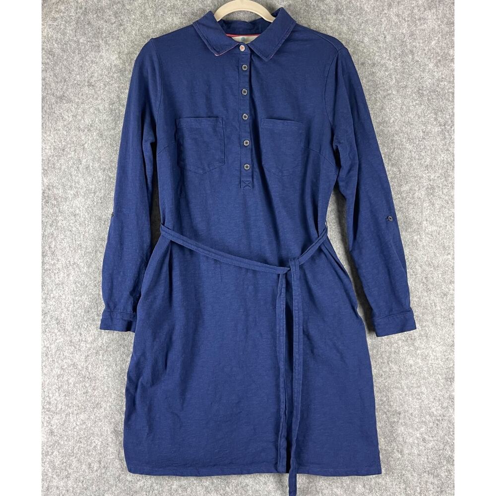 Boden Jena Jersey Dress Womens 10R Blue Waist Tie Long Sleeve Cotton Preppy‎